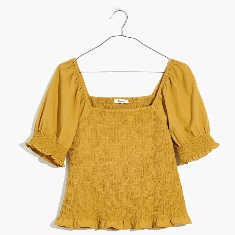 Madewell lucie puff sleeve smocked bodice top earthen gold